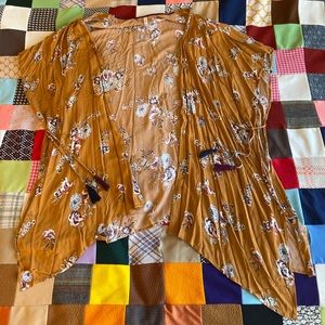 Xhilaration Mustard Yellow Floral Kimono Tunic Sz XL/XXL